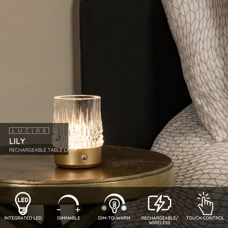 Lucide LILI - Nabíjacia stolová lampa - Batéria/batérie - Ø 8 cm - LED Rozm. - 1x3W 2700K/3000K - Matné zlato / mosadz - Súprava 3 kusov